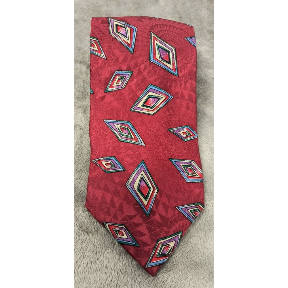 Pierre Balmain Couture‎ Silk Tie Red Abstract Geometric Necktie Vintage  56"